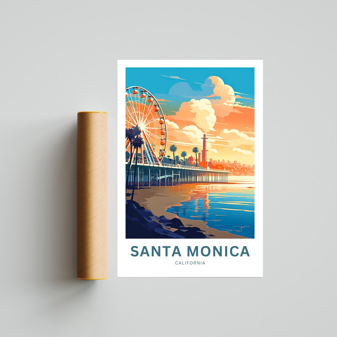 Santa Monica California Custom Text Pier Ferris Wheel Sunset Travel Poster - Image 4