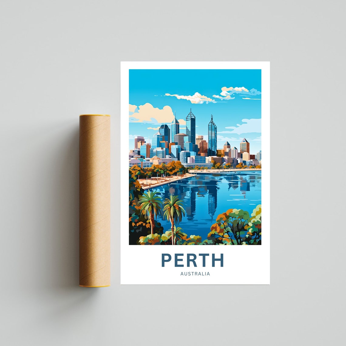 Perth Australia Skyline River Reflection Palm Trees Travel Poster - Image 4