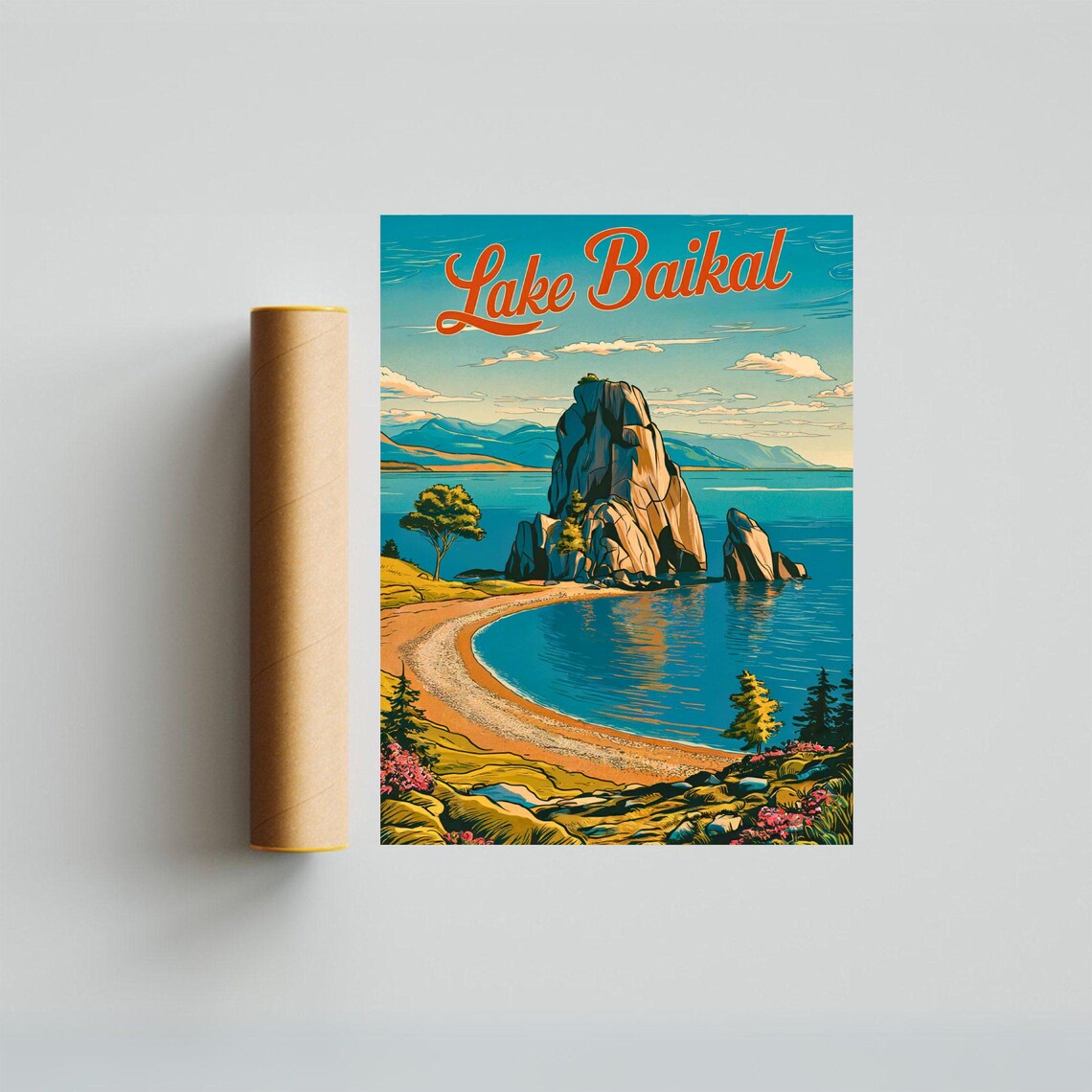 Lake Baikal Vintage Poster with Rocky Island in Blue Bay Art - Image 2