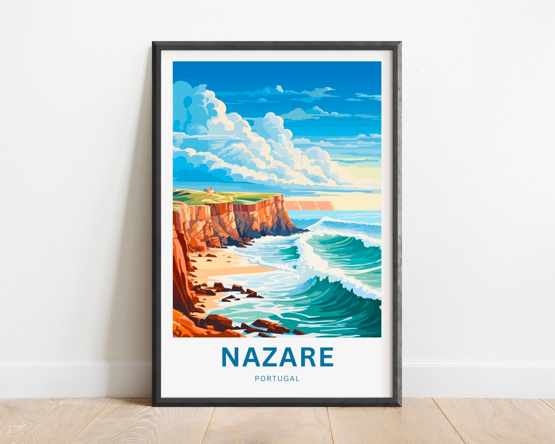 Nazare Portugal Red Cliffs Turquoise Wave Coast Scene Poster