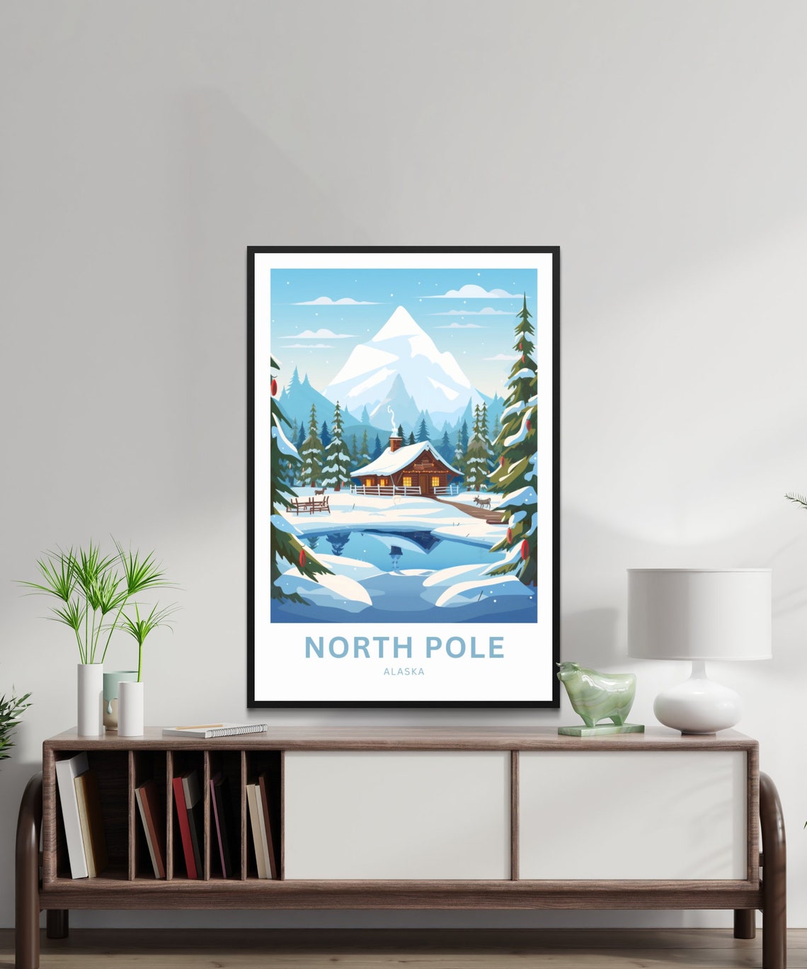 North Pole Alaska Custom Text Snowy Cabin Reindeer Travel Poster - Image 2