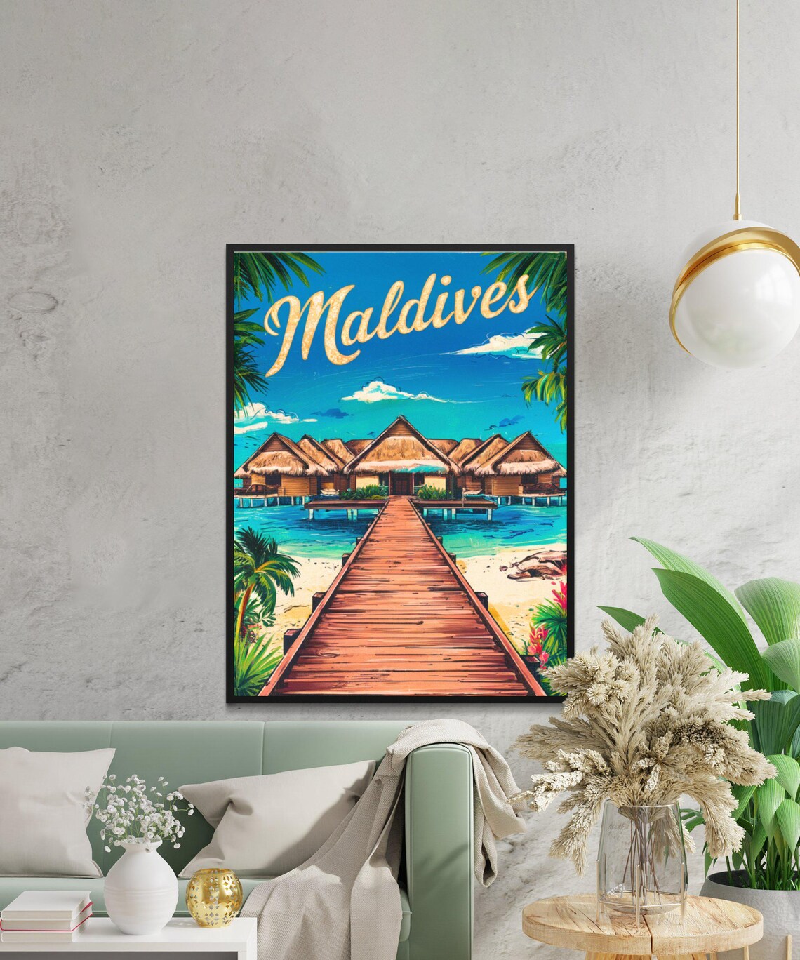 Maldives Overwater Bungalows and Wooden Jetty Retro Travel Poster - Image 2