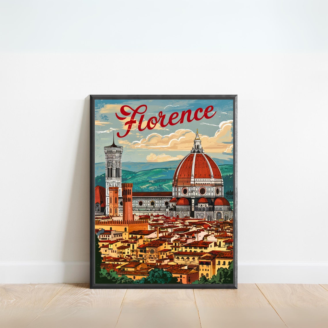 Florence Italy Red Dome Cathedral Rooftops Vintage Travel Poster