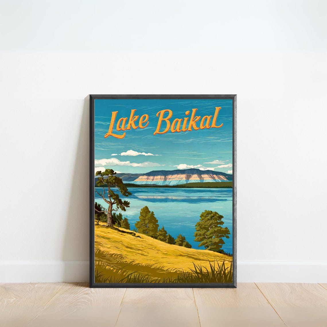 Lake Baikal Vintage Poster with Golden Shore and Calm Waters Art