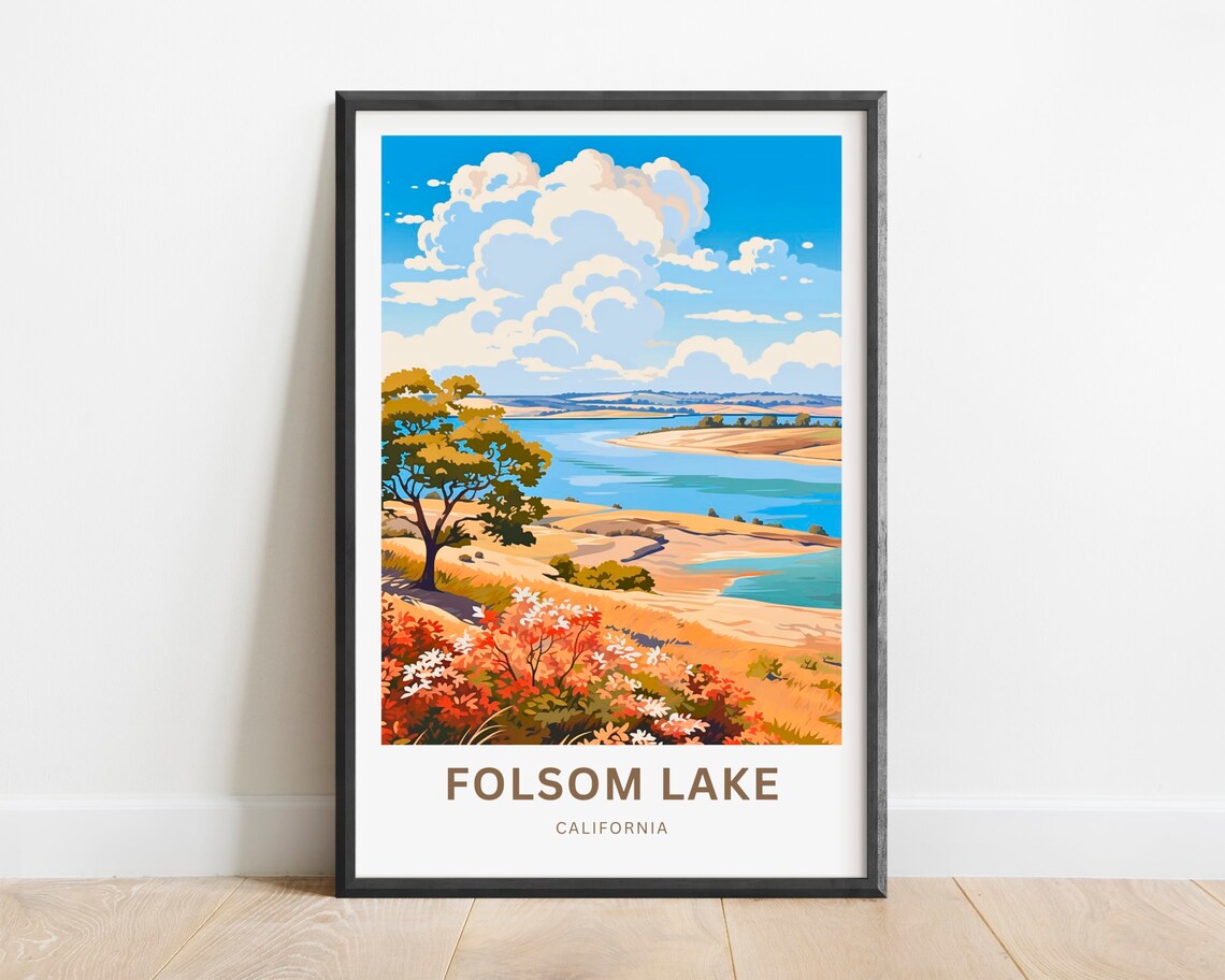 Folsom Lake California Sandy Shoreline and Wildflowers Poster