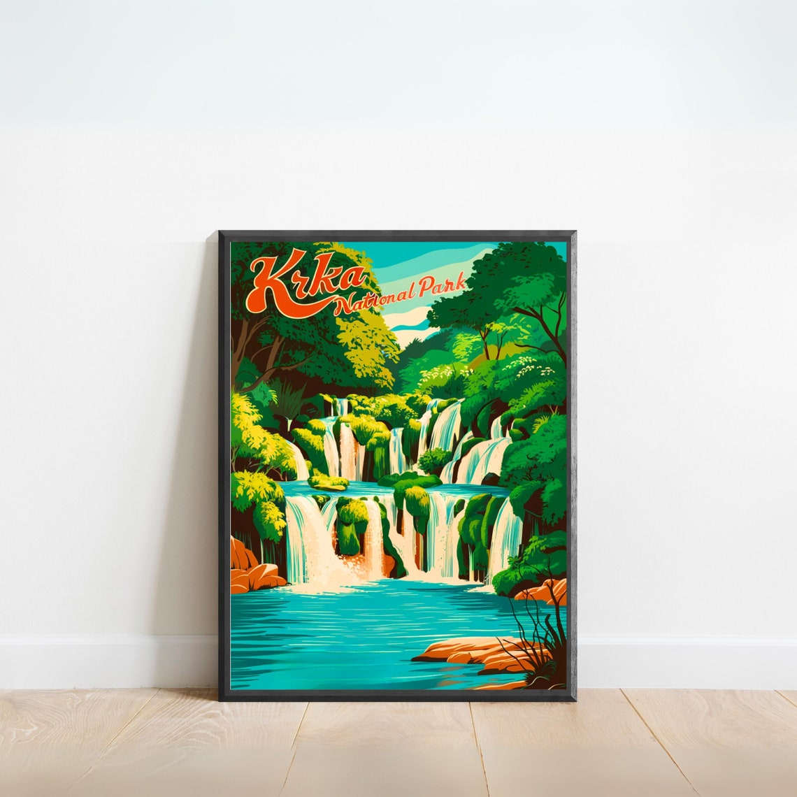 Krka National Park Waterfalls Croatia Retro Script Travel Poster