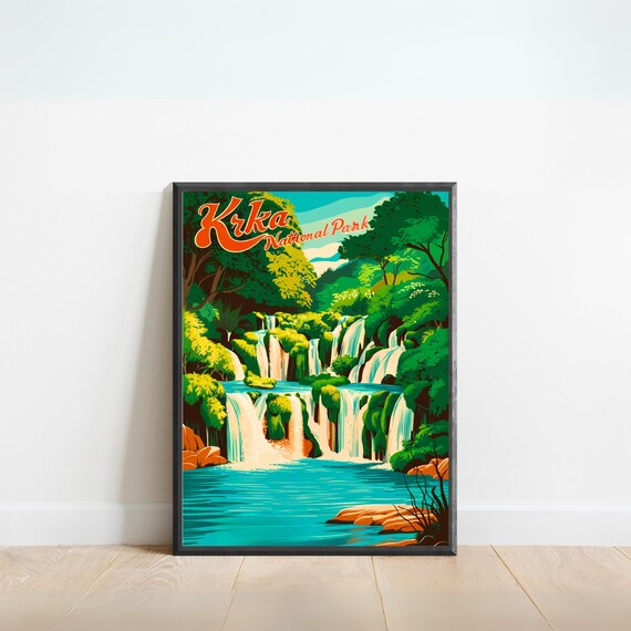 Krka National Park Waterfalls Croatia Retro Script Travel Poster