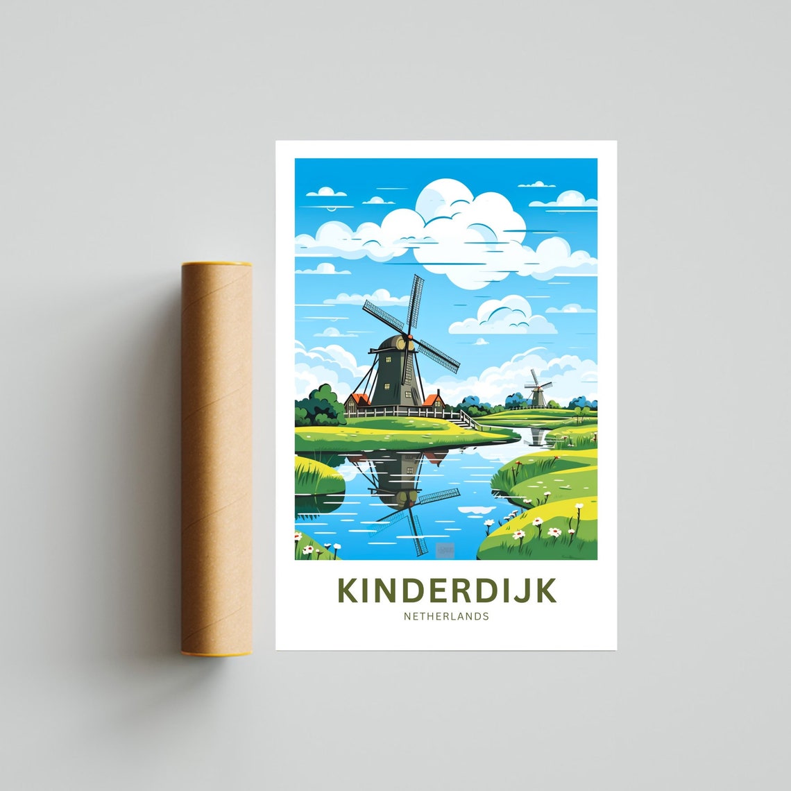 Kinderdijk Netherlands Windmills Canal Reflection Travel Poster - Image 4