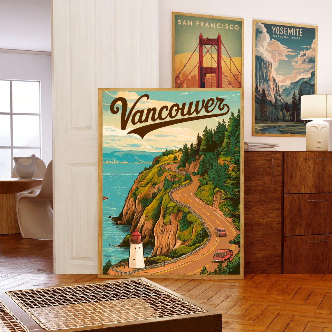 Vancouver Canada Coastal Cliff Road Lighthouse Retro Travel Poster - Image 5