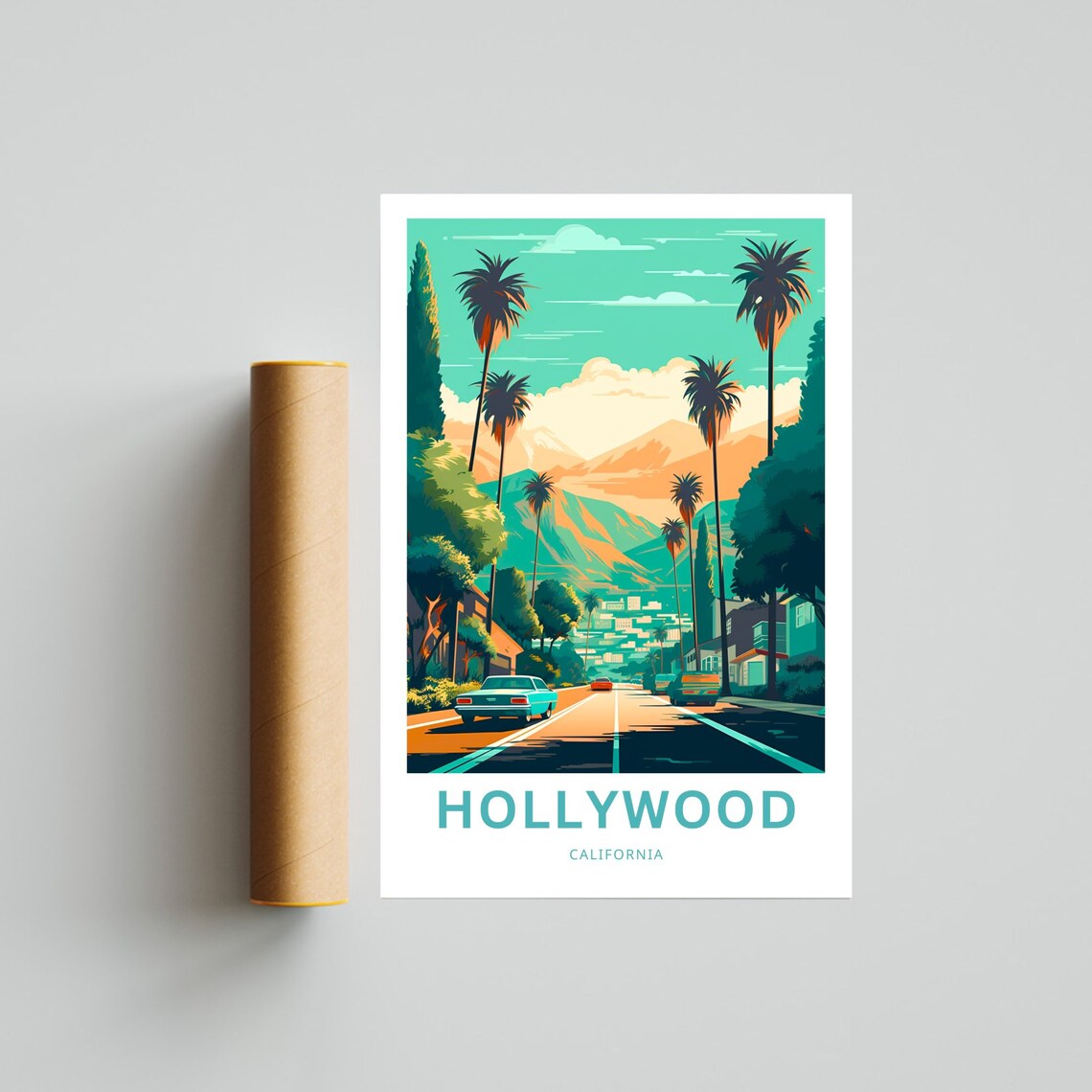 Hollywood California Sunset Palm Street Hills Retro Travel Poster - Image 4