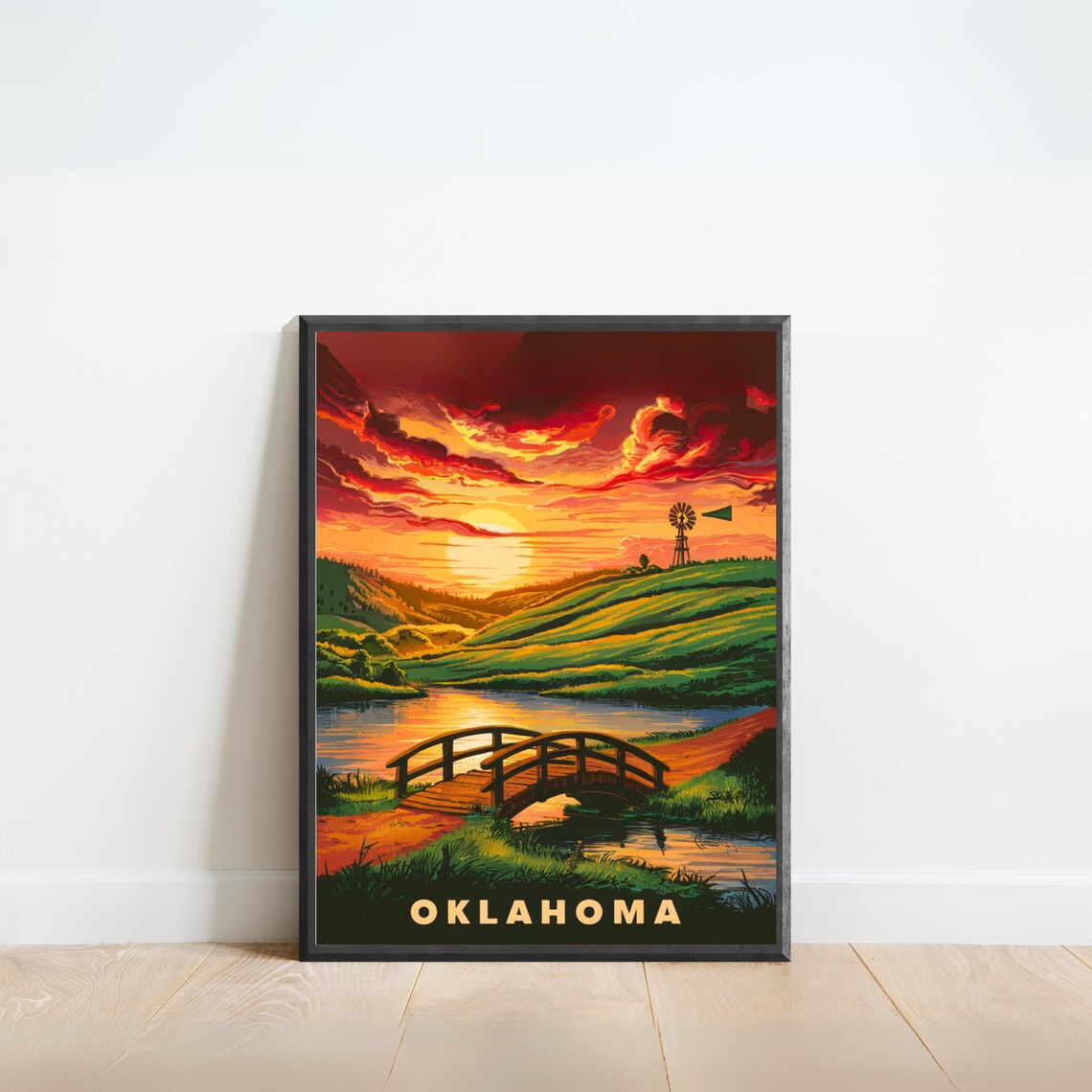 Oklahoma Vintage Sunset Windmill Rolling Hills Travel Poster