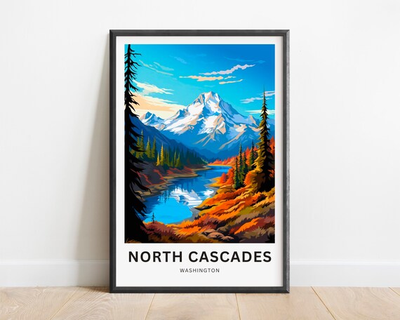 North Cascades Washington Autumn Lake Snowy Peak Vintage Scene Poster