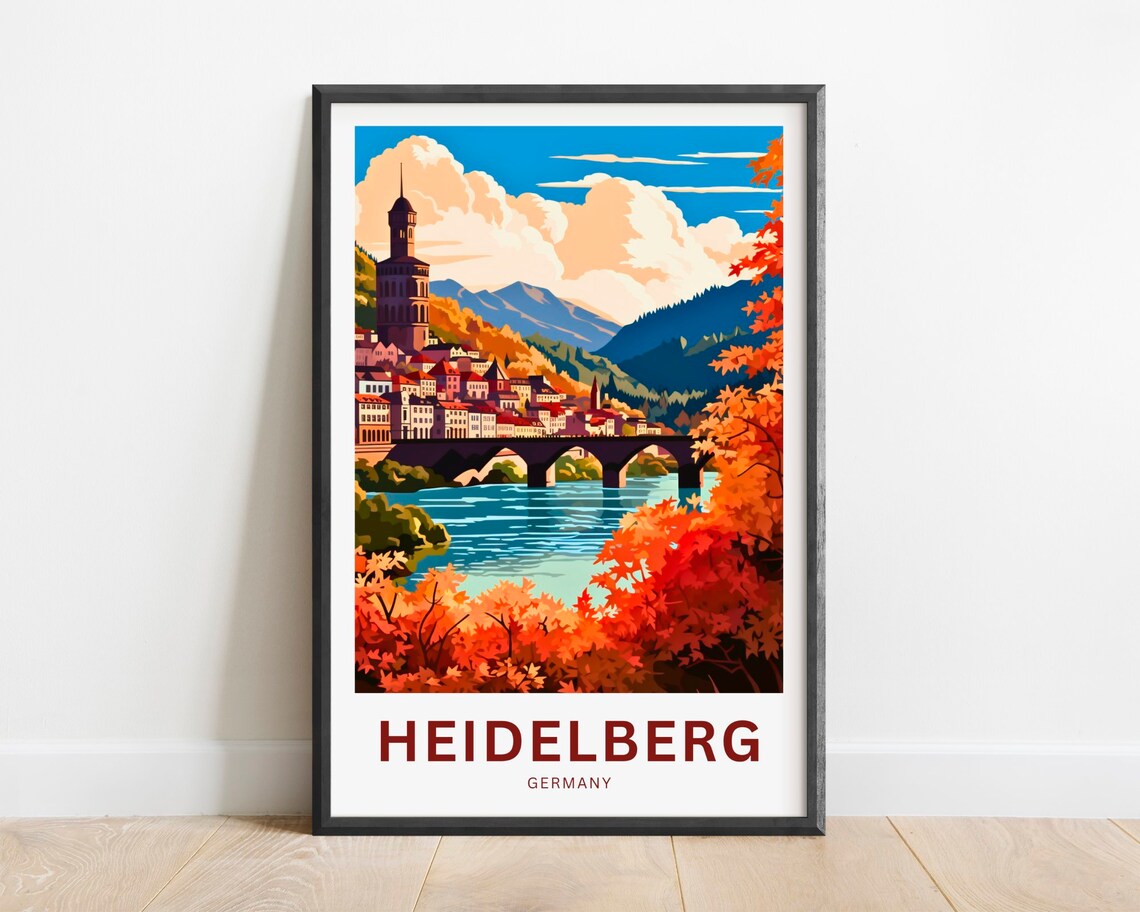Heidelberg Germany Autumn Old Bridge Riverside Travel Poster