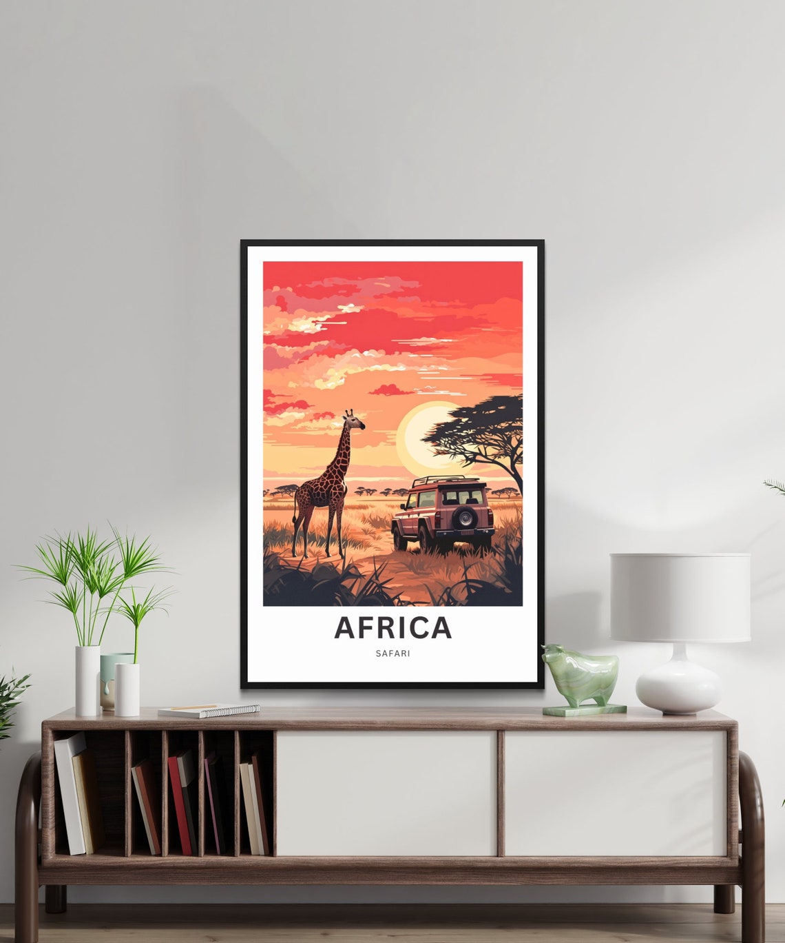 Africa Safari Sunset Poster with Lone Giraffe and Red Jeep Art - Image 2