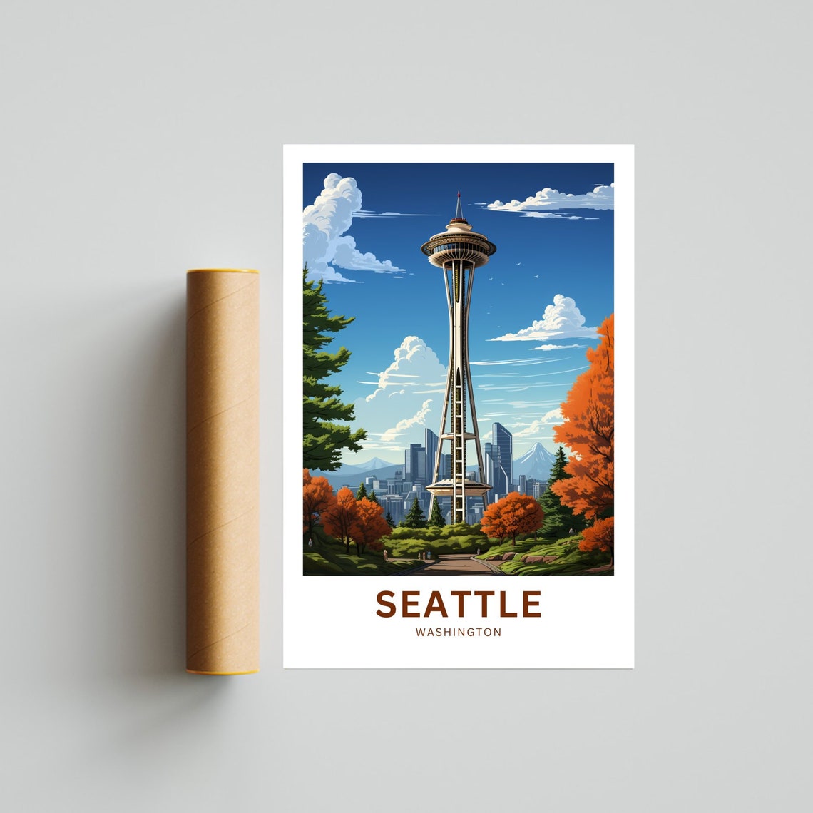 Seattle Space Needle Autumn Skyline Fall Foliage View Poster - Image 4
