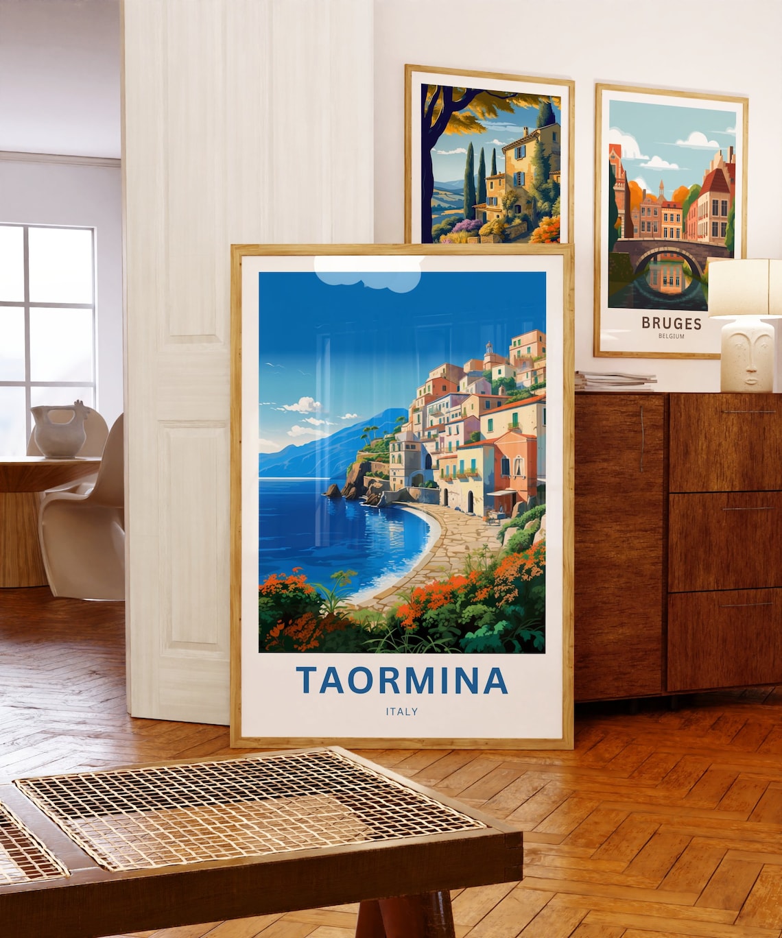Taormina Italy Seaside Cove Colorful Houses Illustrated Poster - Image 5