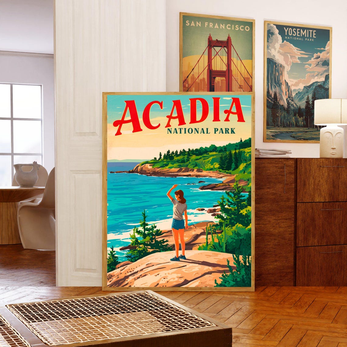 Acadia National Park Maine Rocky Coast Hiker Sunset Travel Poster - Image 5