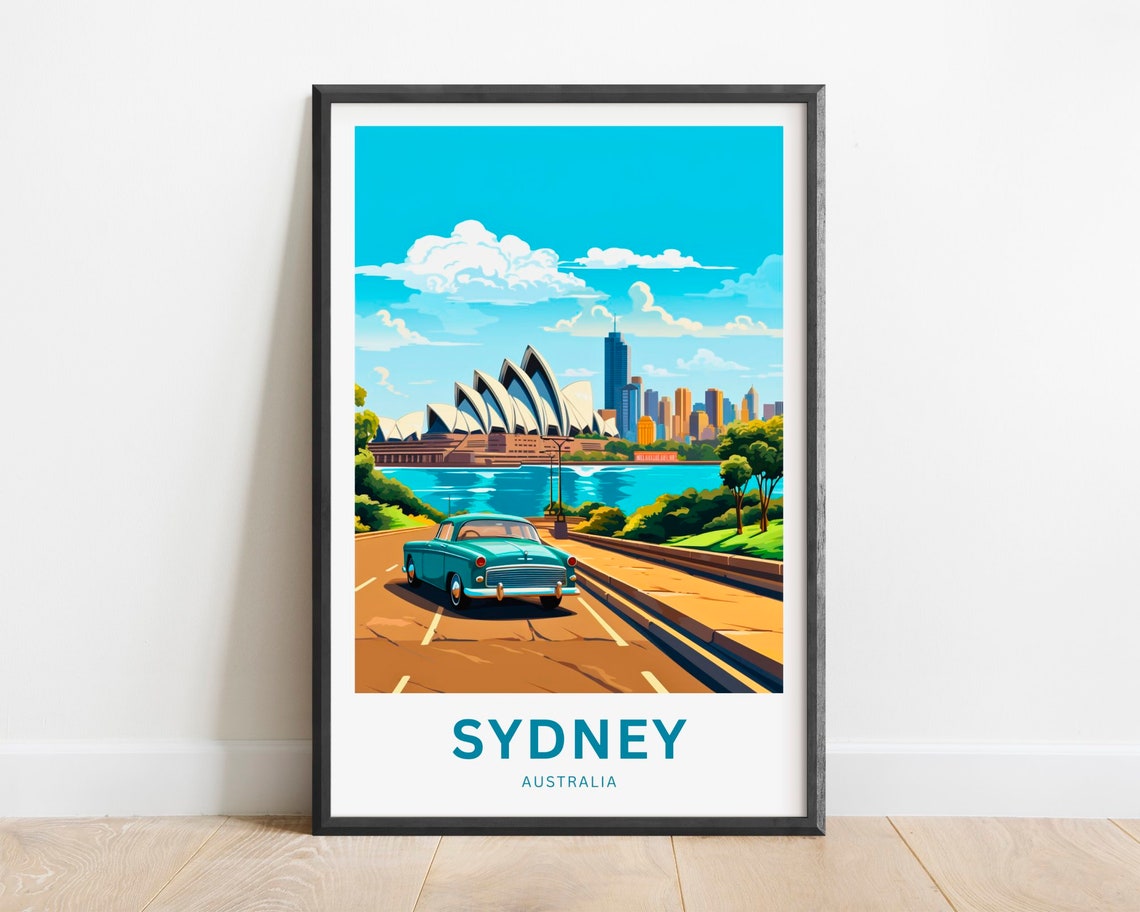 Sydney Australia Vintage Car Opera House Skyline Road Travel Poster