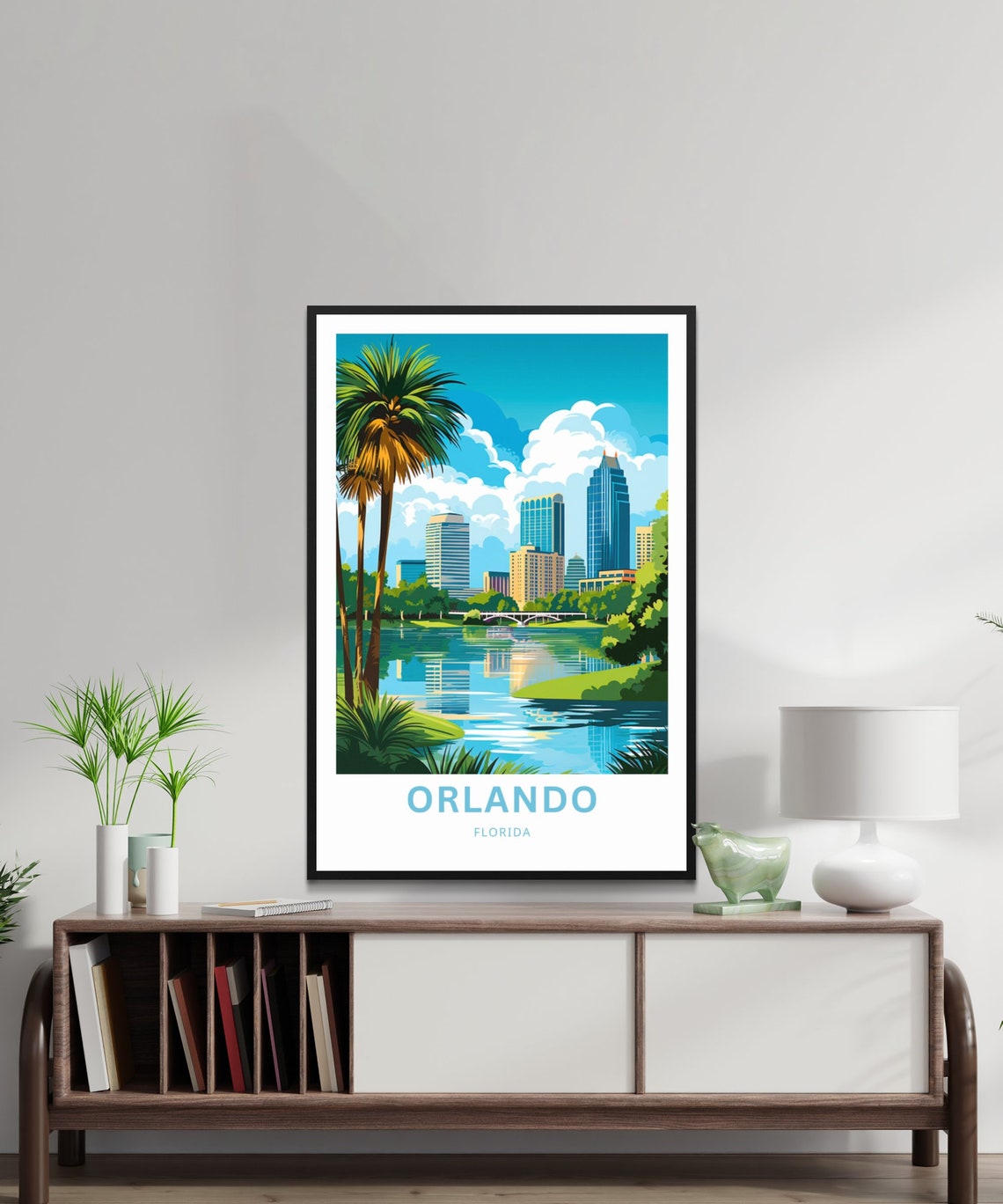 Orlando Florida Lakefront Palm Skyline Vintage Travel Poster - Image 2