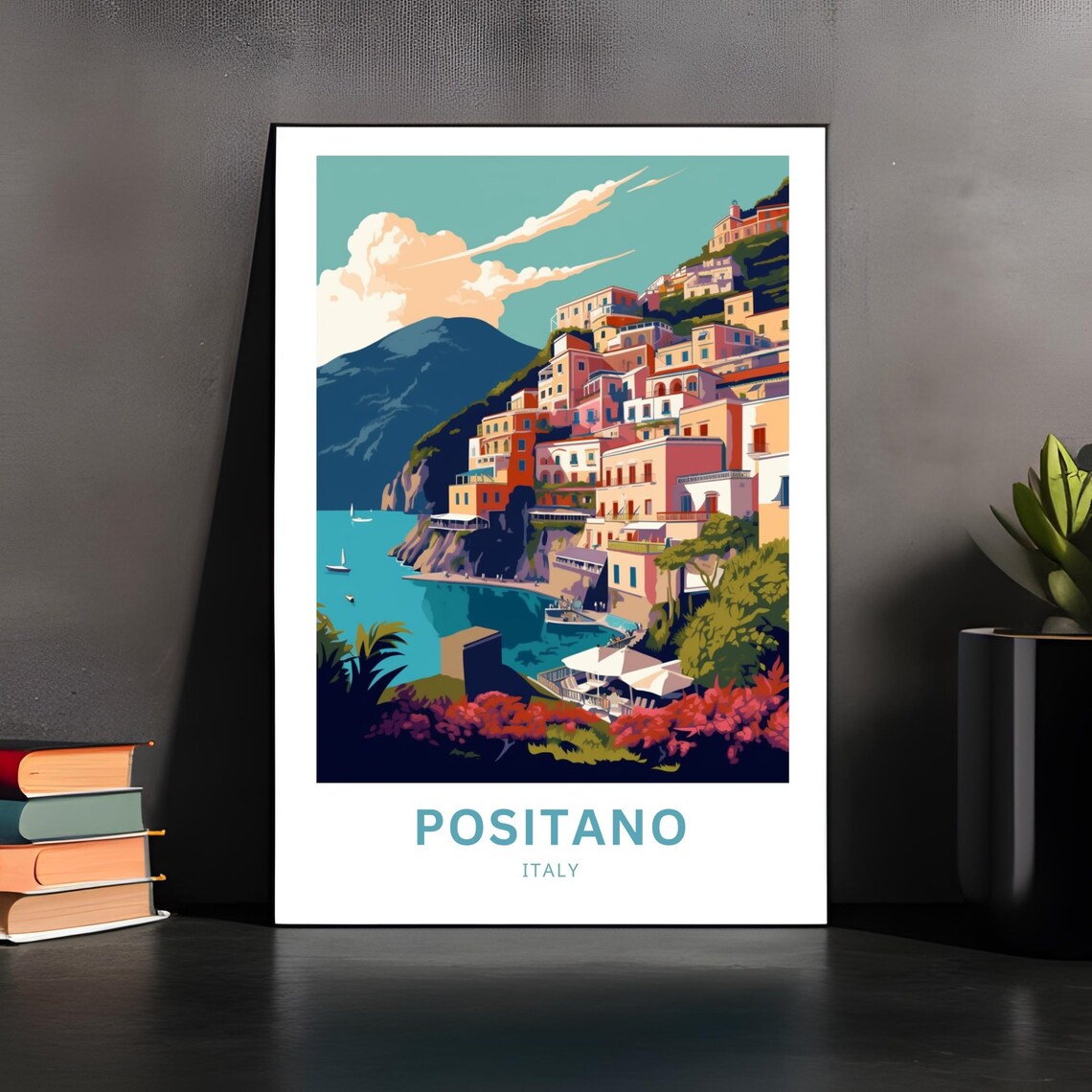 Positano Italy Pastel Cliffside Village Boats Beach Travel Poster - Image 2