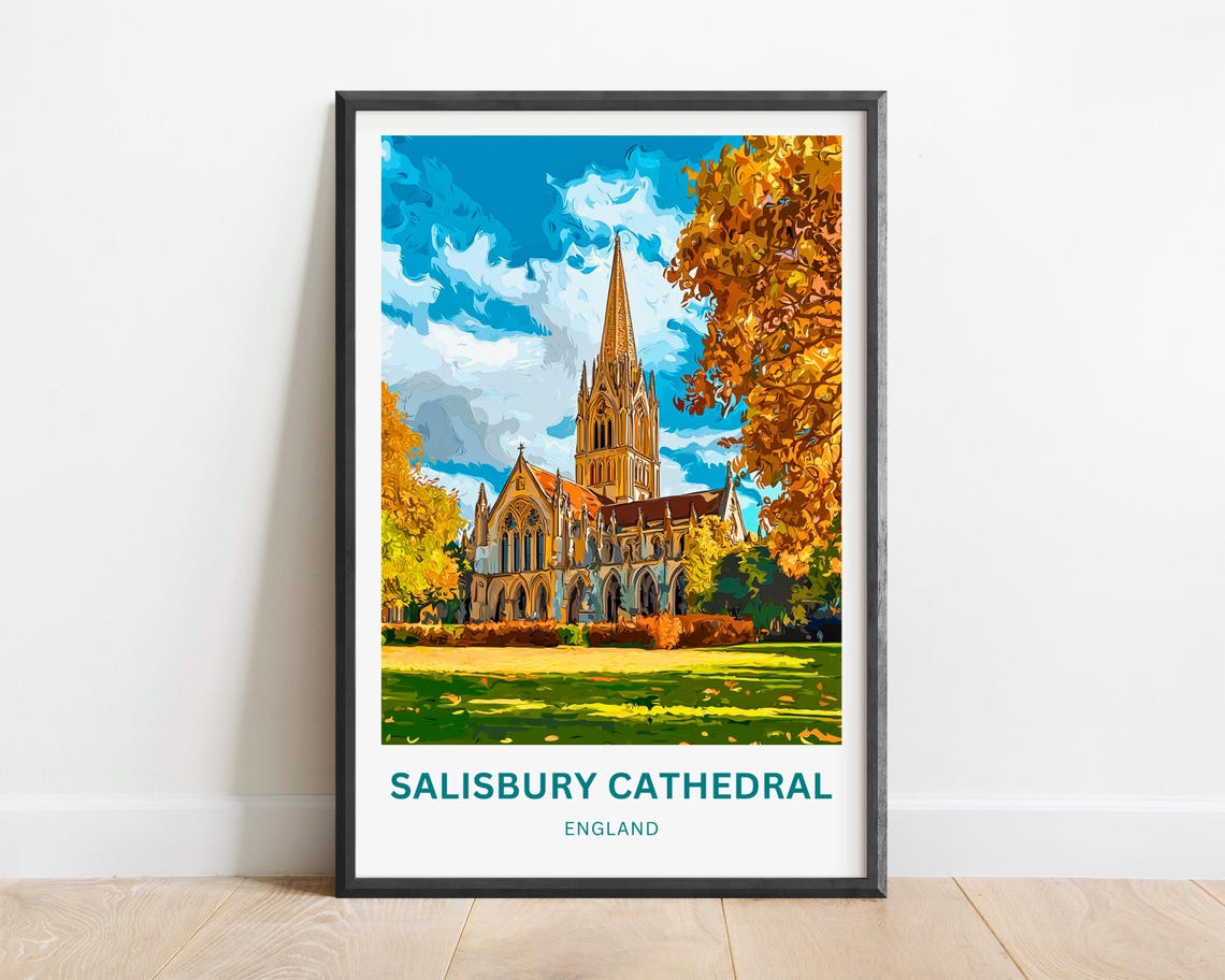 Salisbury Cathedral England Autumn Trees Colorful Art Poster