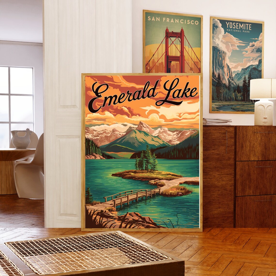 Emerald Lake Sunset Island Wooden Pier Golden Sky Vintage Poster - Image 5