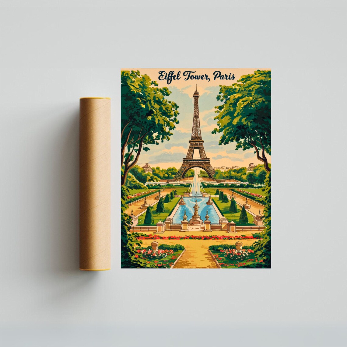 Eiffel Tower Paris Vintage Formal Gardens Retro Travel Poster - Image 2