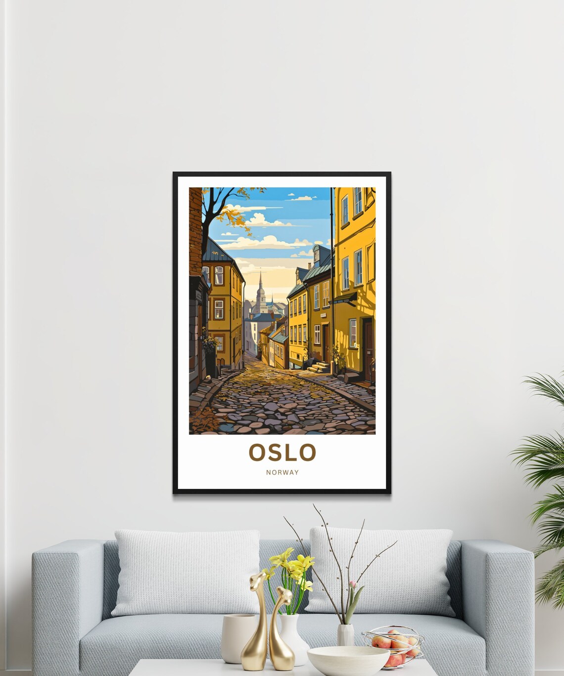 Oslo Norway Yellow Old Town Street Church Spire Travel Poster - Image 3