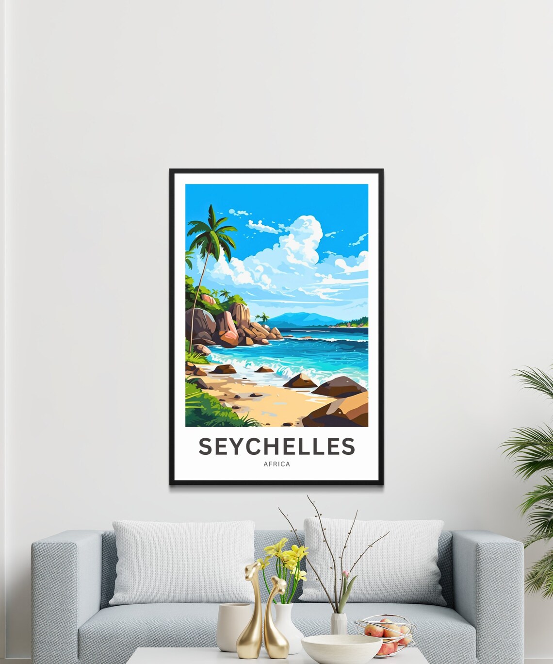 Seychelles Africa Travel Poster Tropical Beach Palm Boulders Artwork - Image 3
