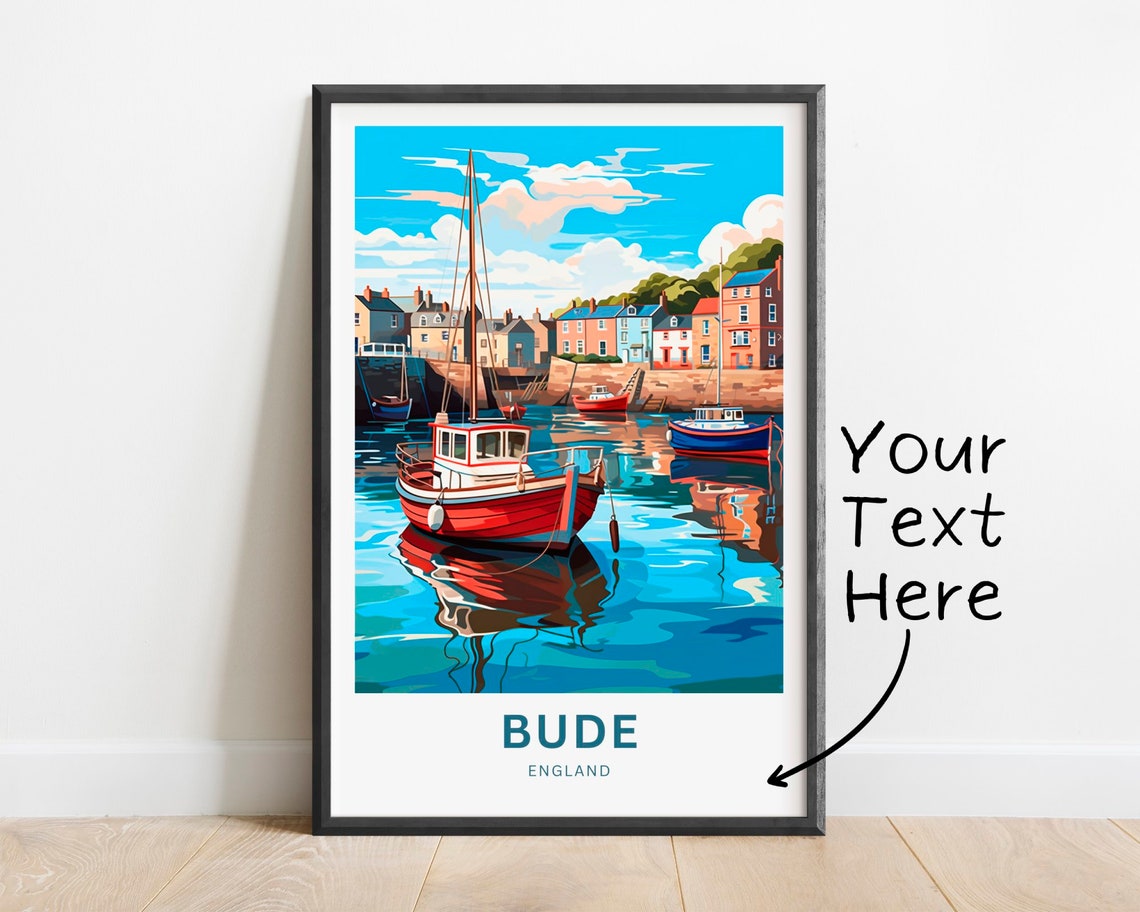 Bude England Harbor Red Fishing Boat Quayside Scene Travel Poster