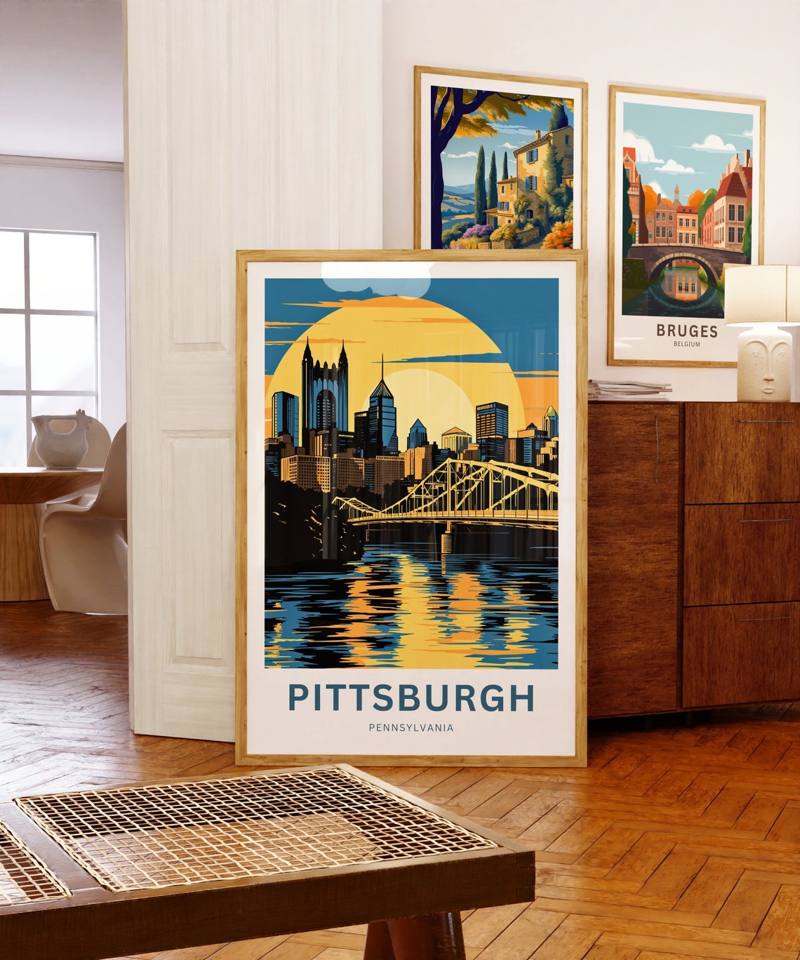 Personalized Pittsburgh Pennsylvania Golden Sun Skyline Bridge Poster - Image 5