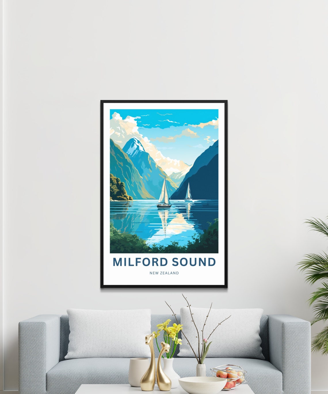 Milford Sound New Zealand Glassy Water Cliff Reflection Travel Poster - Image 3