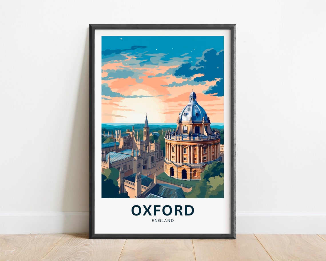 Oxford England Travel Poster Radcliffe Camera Sunset Skyline View