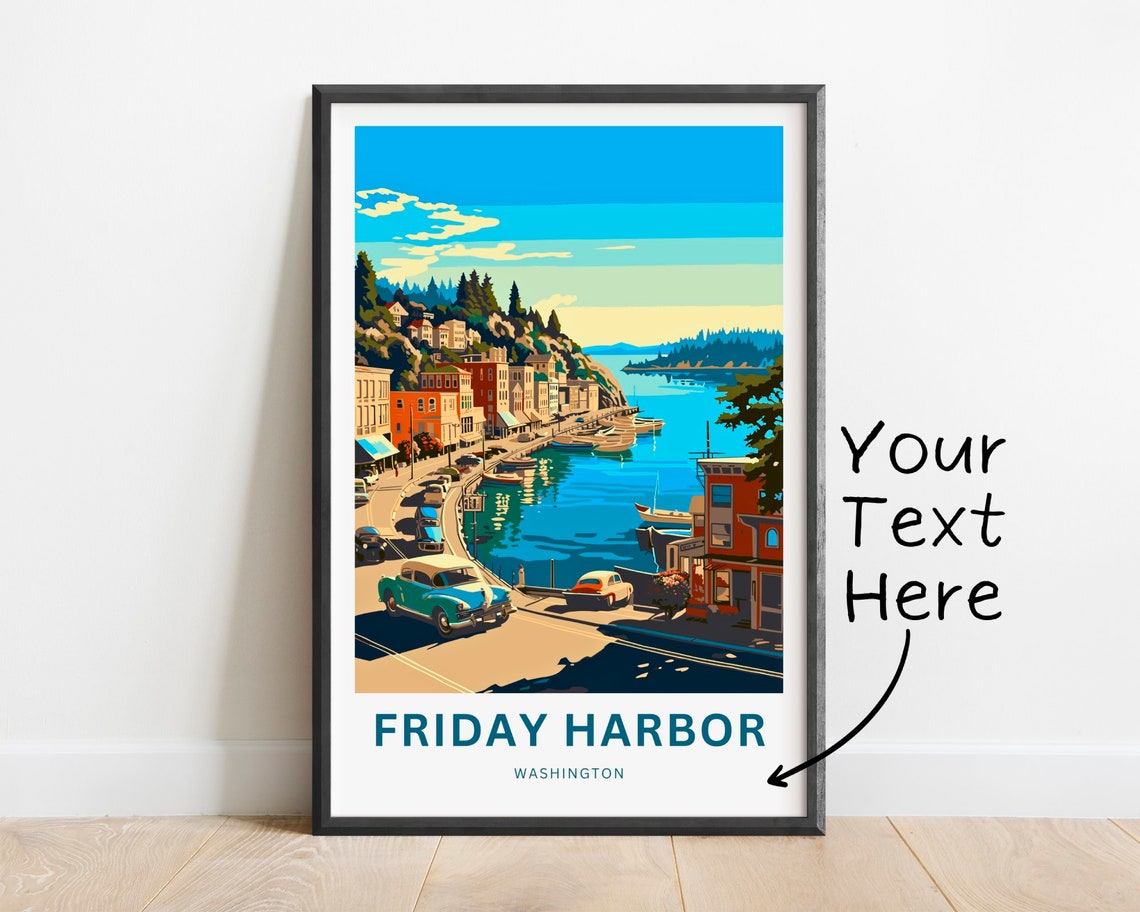 Friday Harbor Washington Customizable Retro Waterfront Poster Artwork