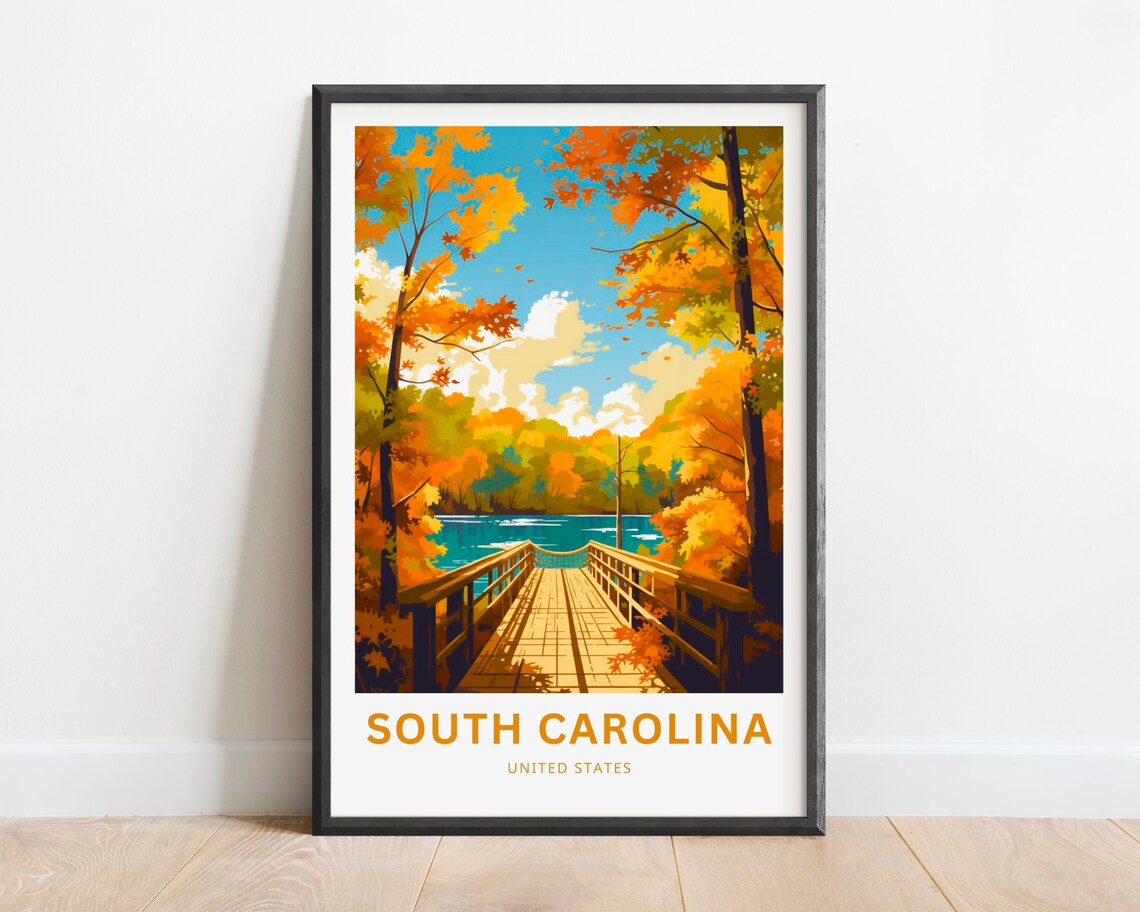 South Carolina United States Autumn Boardwalk Lake Travel Poster