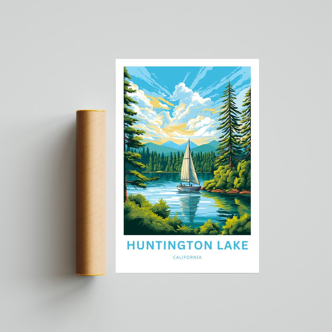 Huntington Lake California Sailboat Pine Shore Cloudy Sky Poster - Image 4