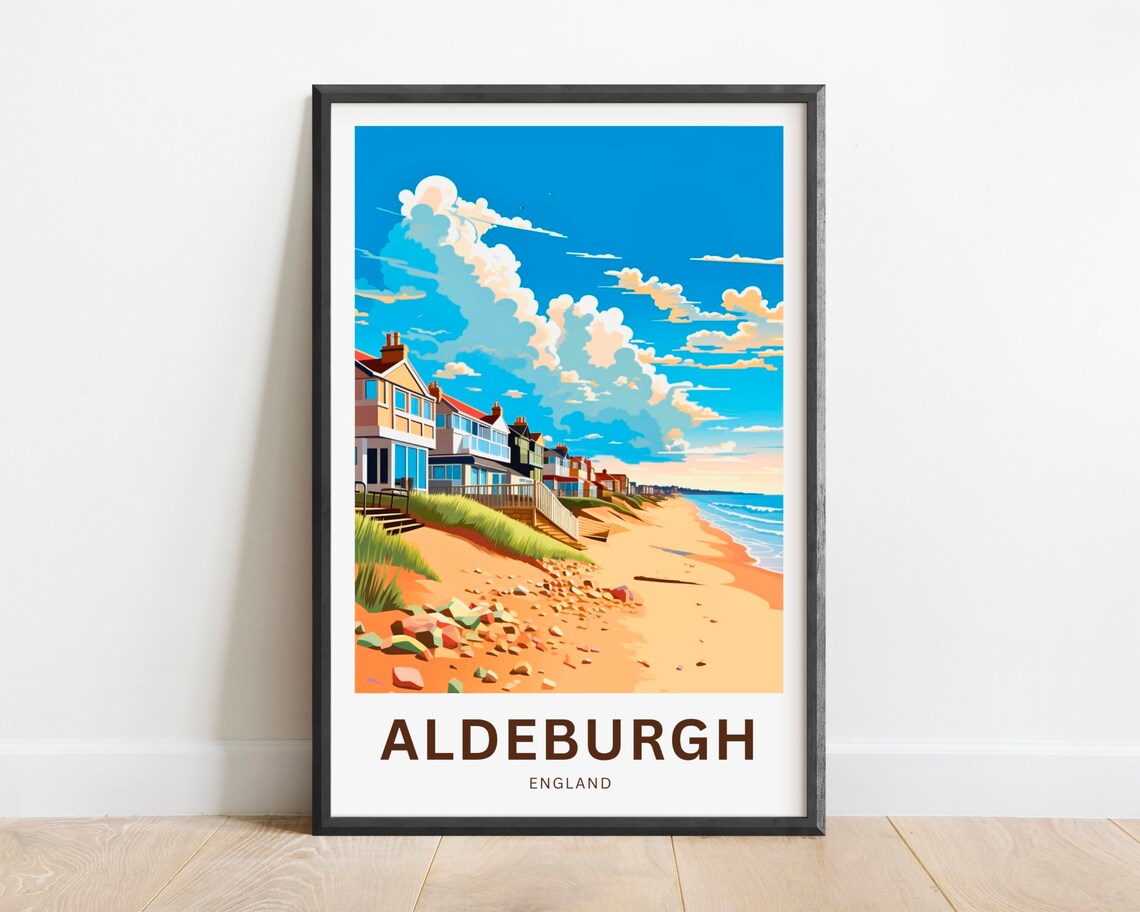 Aldeburgh Sunny Beach Row of Houses Golden Sand England Travel Poster