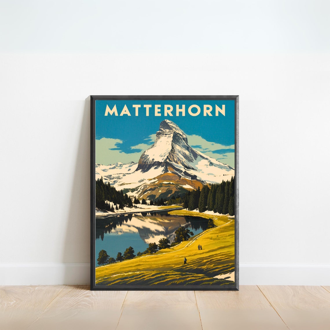 Matterhorn Snowy Slopes Pine Lake Reflection Meadow Vintage Poster