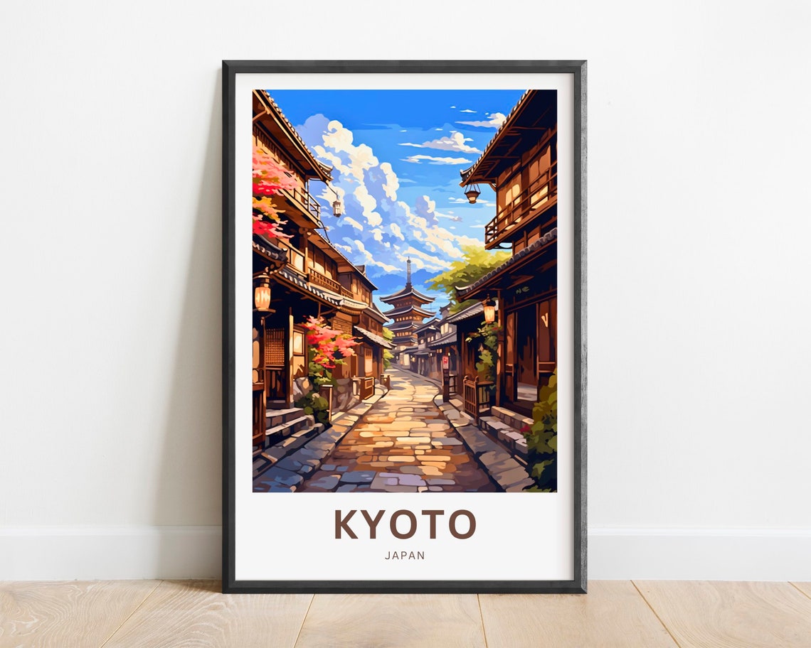 Kyoto Japan Old Street Pagoda Lanterns Evening Travel Poster