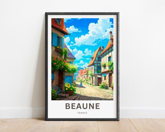 Beaune France Cobblestone Village Cafe Street Vintage French Art Poster