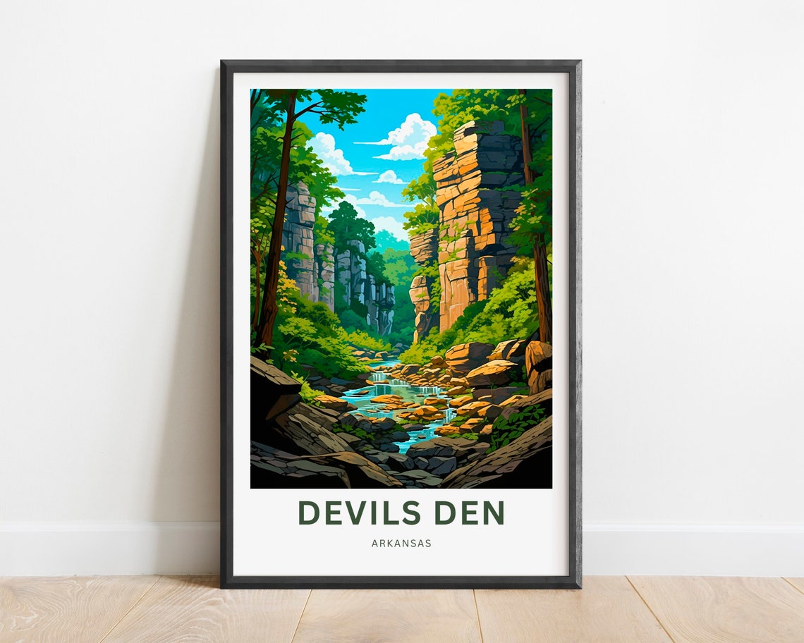 Devils Den Arkansas Canyon Creek Limestone Travel Illustration Poster