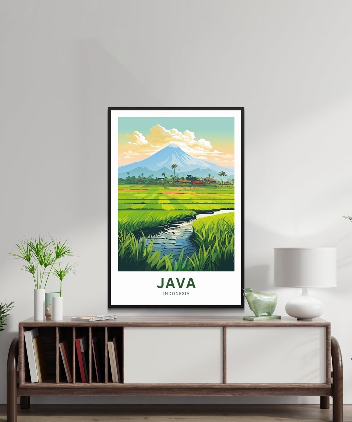 Java Indonesia Volcano Green Rice Paddy Fields Stream Poster - Image 2