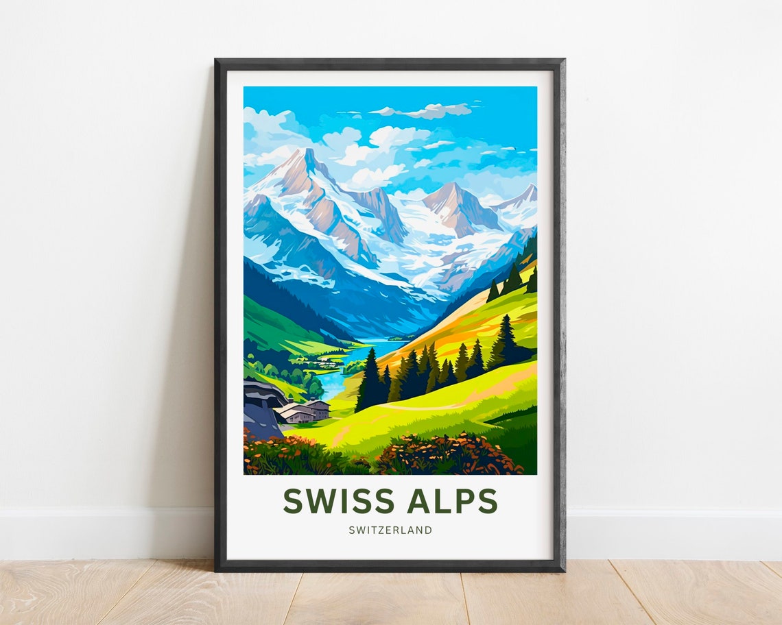 Swiss Alps Switzerland Modern Alpine Valley Mountain Travel Poster