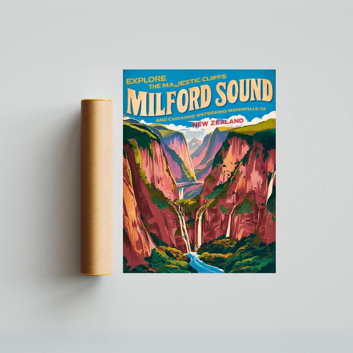 Milford Sound New Zealand Majestic Cliffs Waterfalls Travel Poster - Image 4