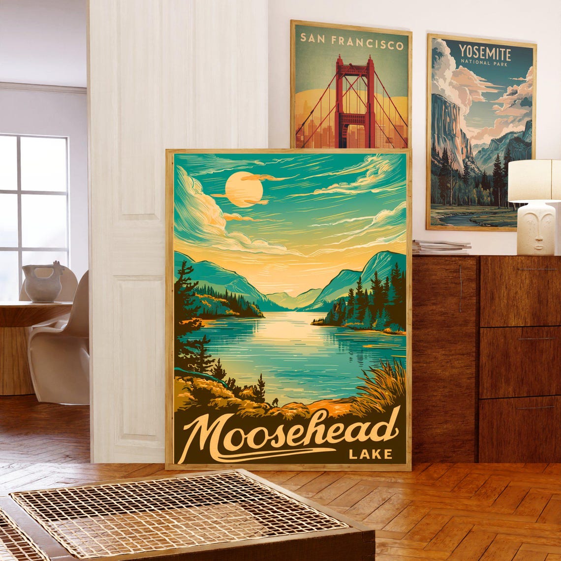 Moosehead Lake Vintage Moonlit Lake Pine Forest View Art Poster - Image 3
