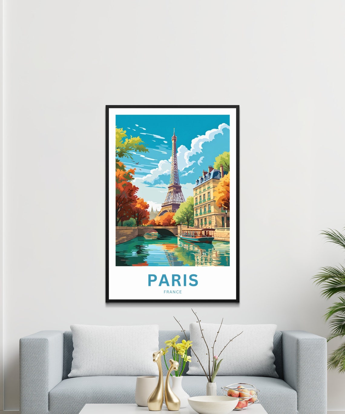 Paris France Eiffel Tower Canal Boat Autumn Trees Travel Poster - Image 2