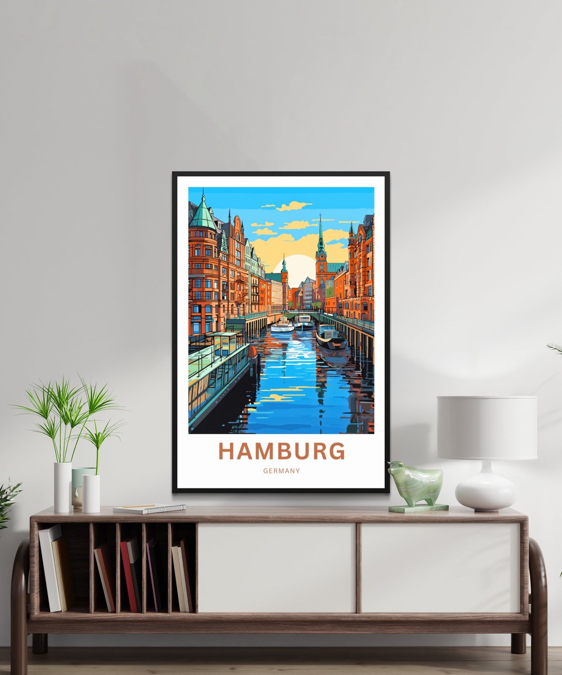 Hamburg Germany Picturesque Canal Boats Golden Hour View Poster - Image 2
