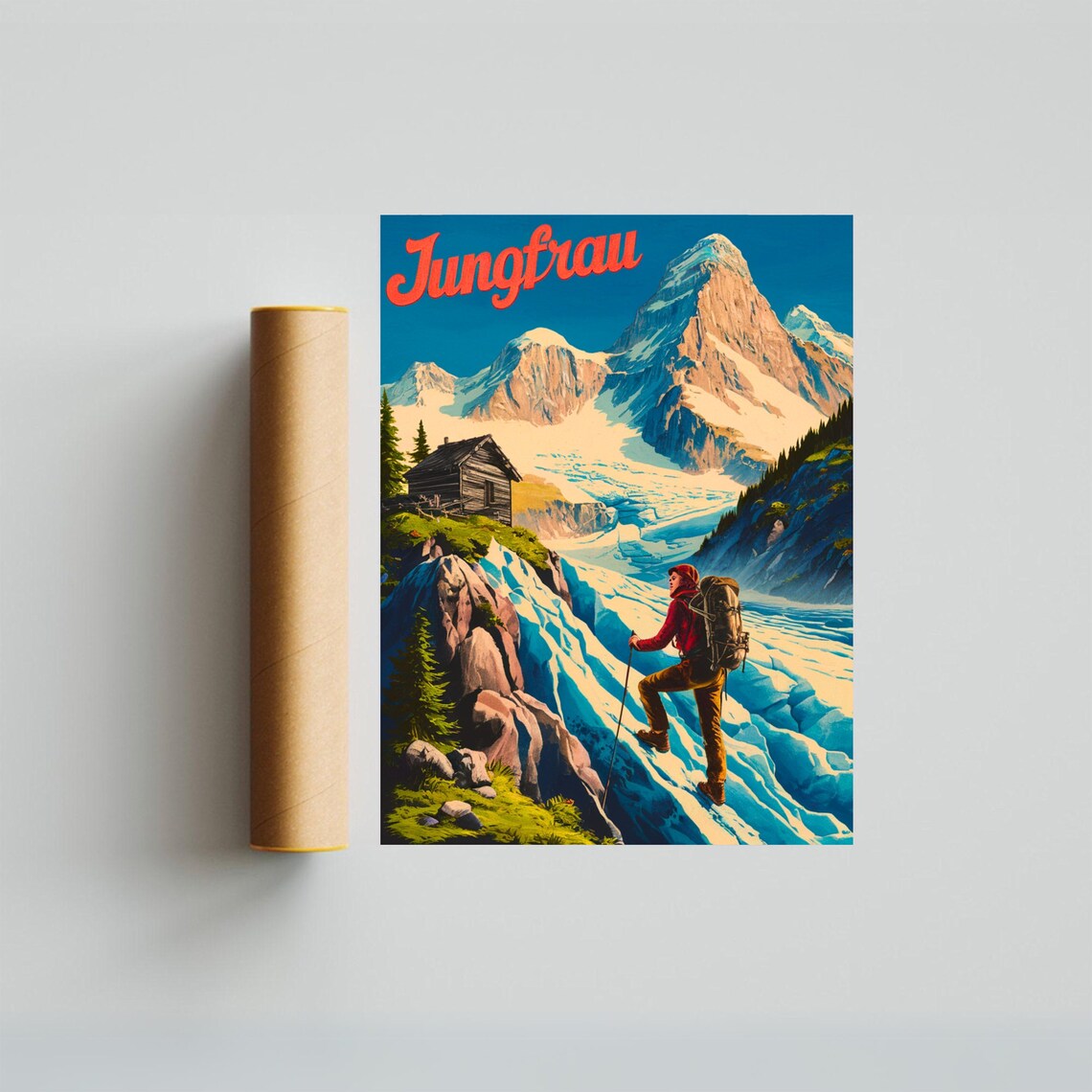 Jungfrau Switzerland Vintage Glacier Hiker Mountain Travel Poster - Image 3