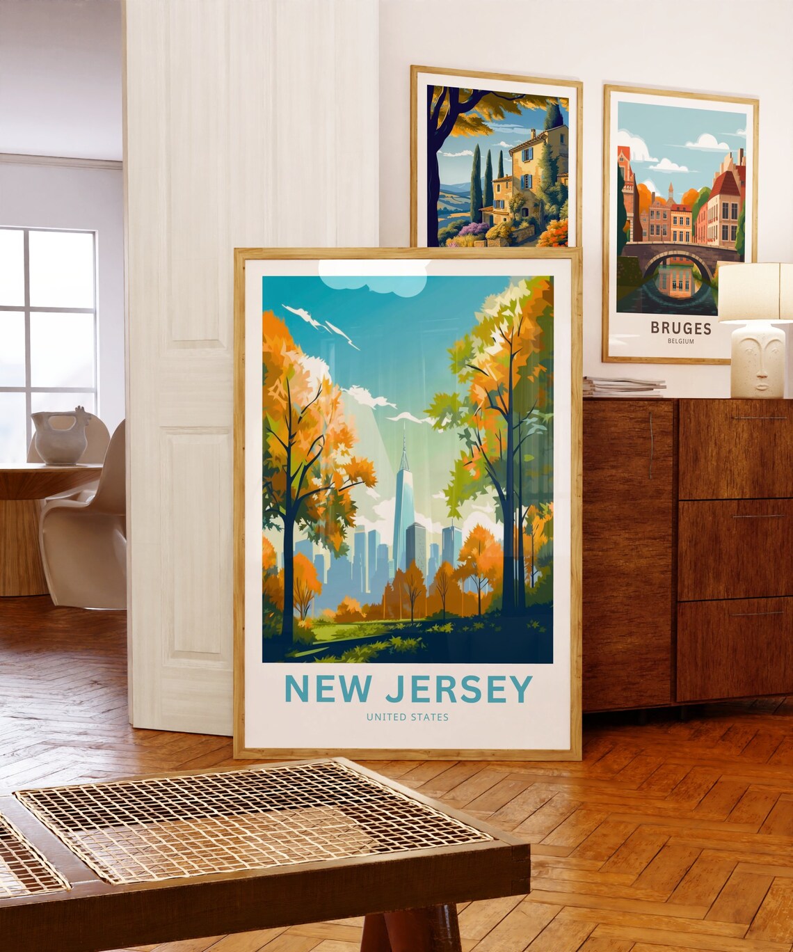 New Jersey United States Travel Poster Skyline Through Autumn Trees - Image 5