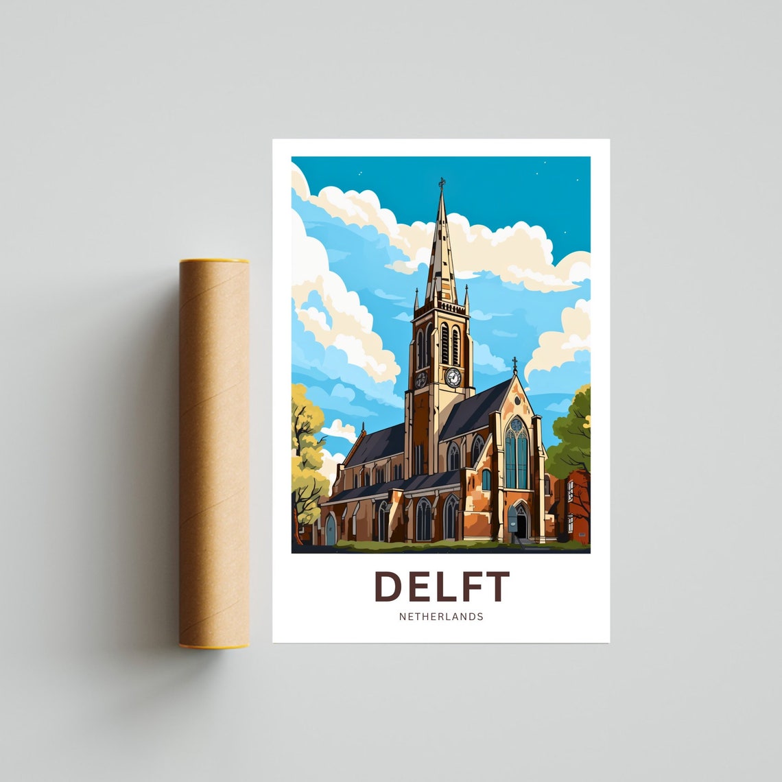 Delft Netherlands Historic Church Tall Spire Skyline Travel Poster - Image 4